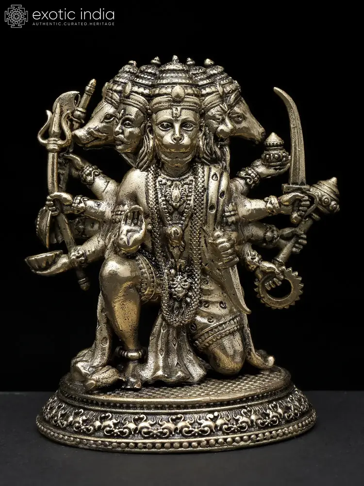 Seated Panchamukhi Hanuman in brass, front view