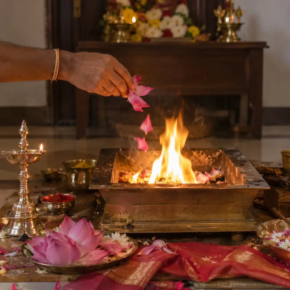 Hand offering petals over a homa fire in a copper kund with a lamp and lotus