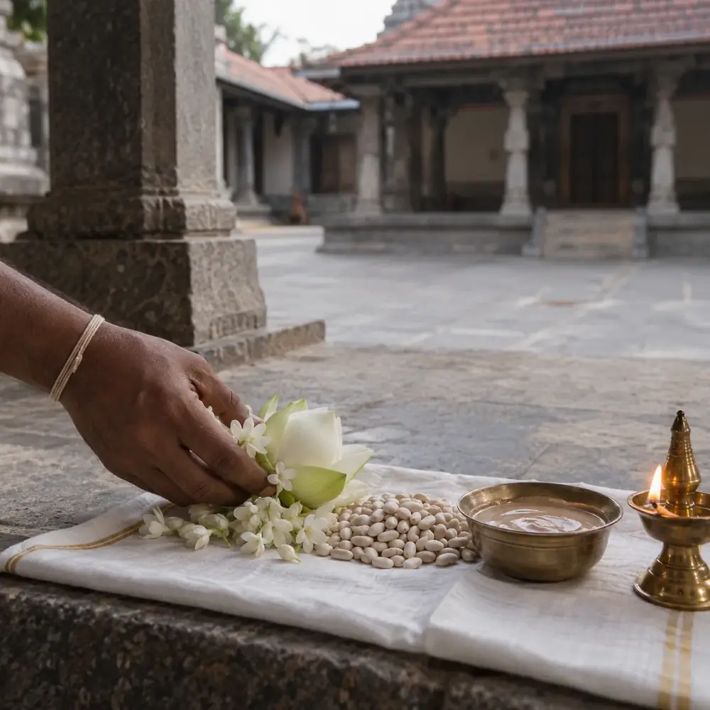 Hand placing white flowers and rice beside a brass lamp on a cloth at a temple courtyard