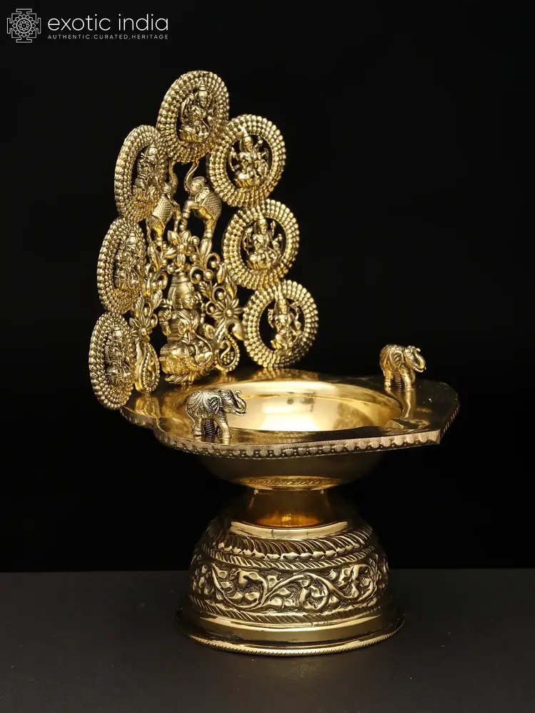Side view of the lamp with its carved base