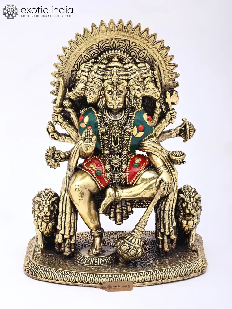 Five faced Hanuman seated on a throne, front view