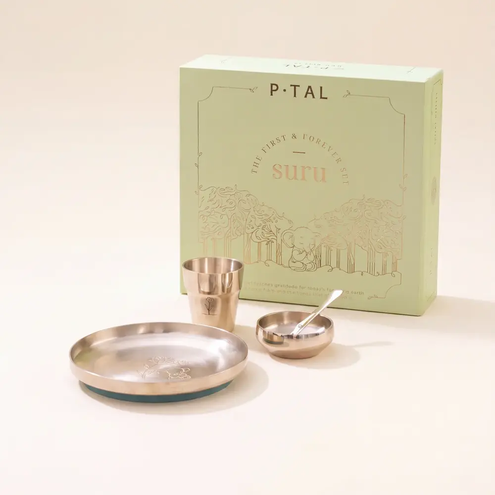 Kansa kids set in a green box with plate, bowl, glass and spoon