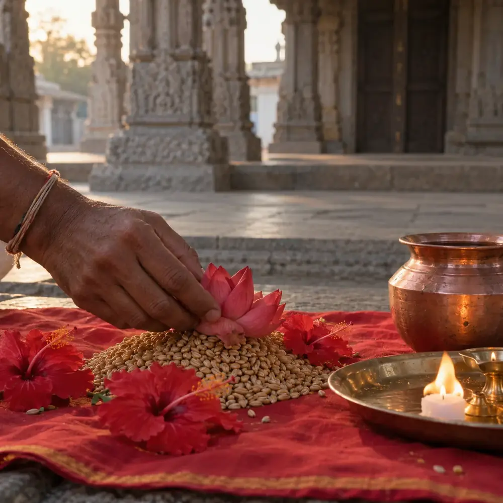 Hand placing red flowers and grains on a red cloth beside a copper pot at a temple
