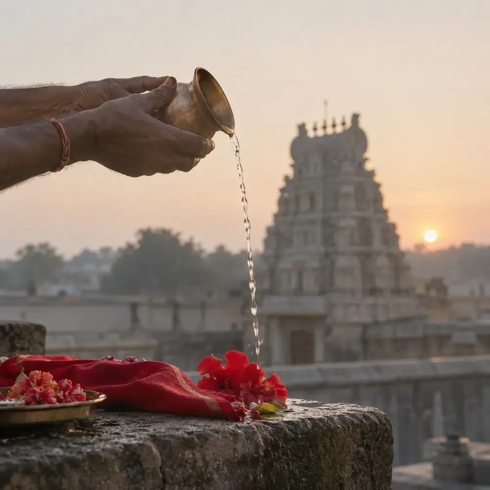 Hand pouring water from a brass vessel beside red flowers, with a temple tower at sunrise behind