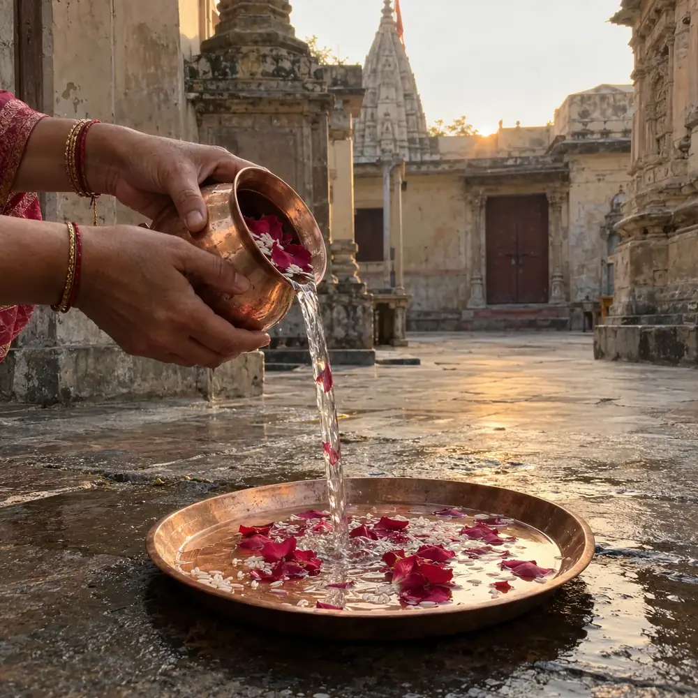 Hands pouring water from a copper pot over flower petals in a brass plate at an old stone shrine