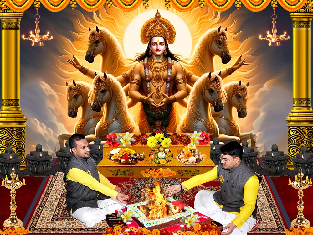 Illustration of Surya with two priests seated at a puja, not a photograph