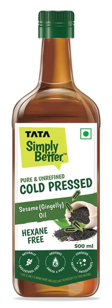 Bottle of Tata Simply Better cold pressed sesame oil