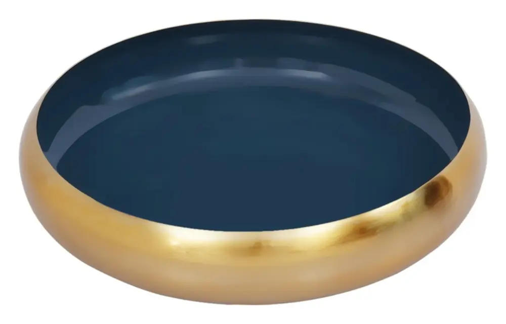 Teal blue iron urli with a gold coloured rim, angled view