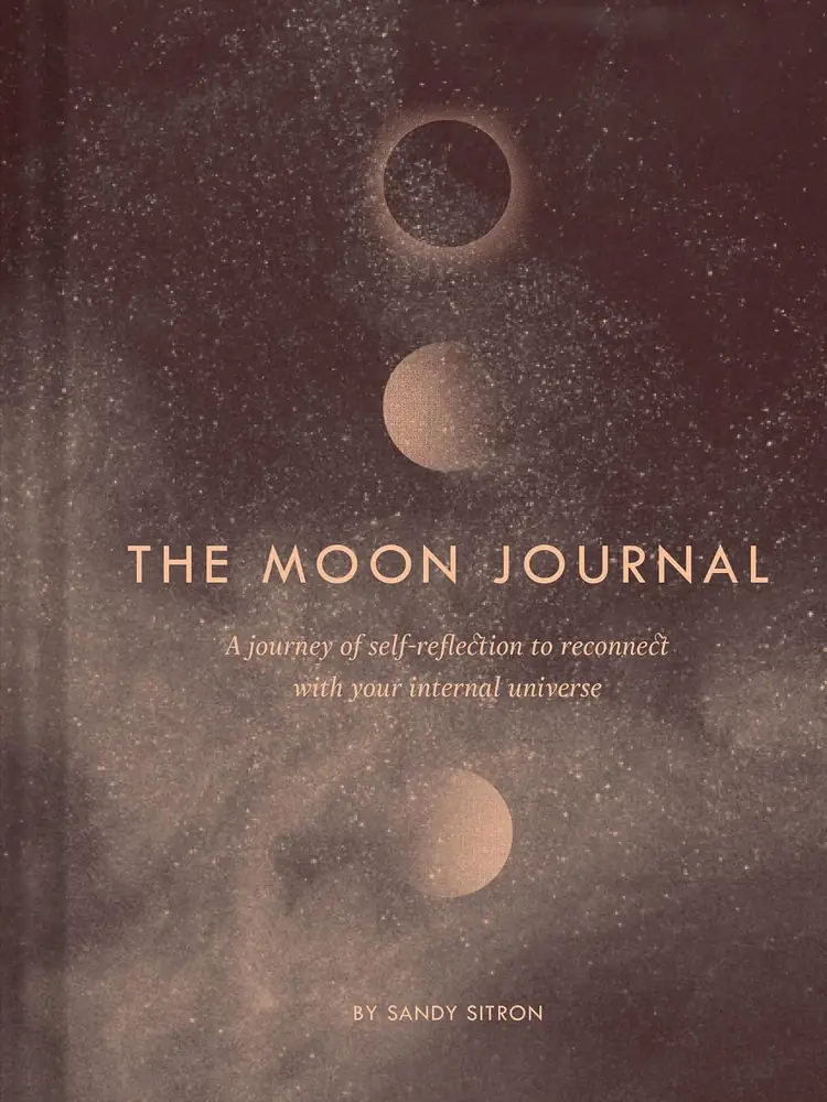 Front cover of The Moon Journal, dark brown with moon phase circles