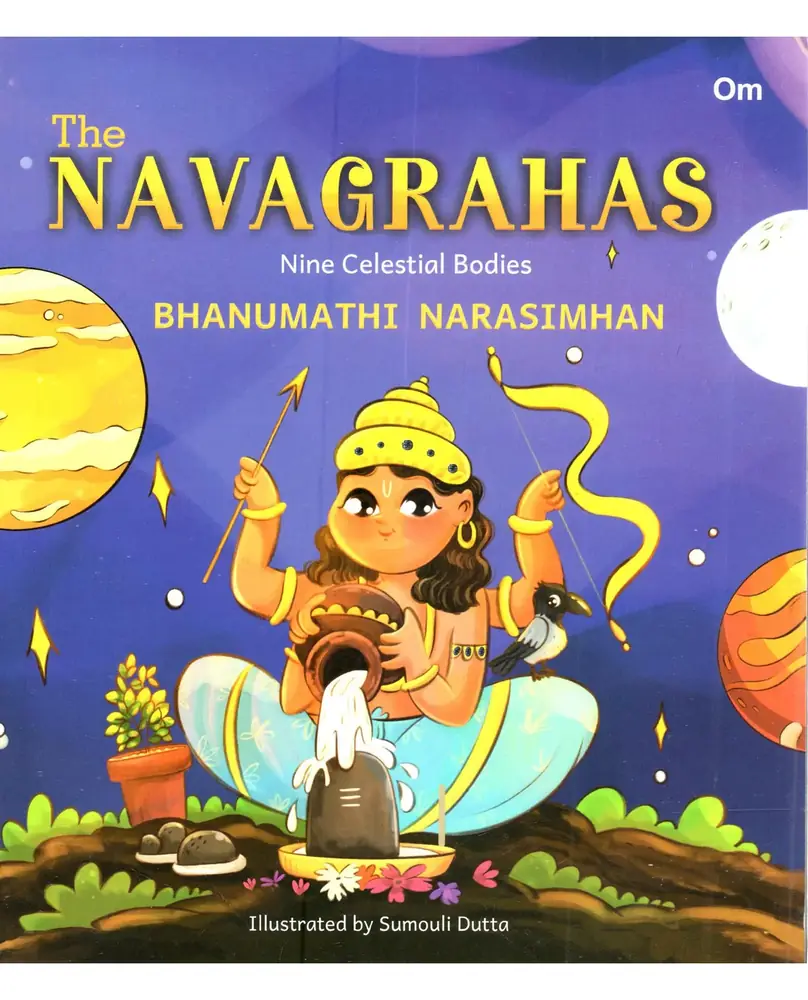 Blue cover of The Navagrahas with an illustrated figure among the planets