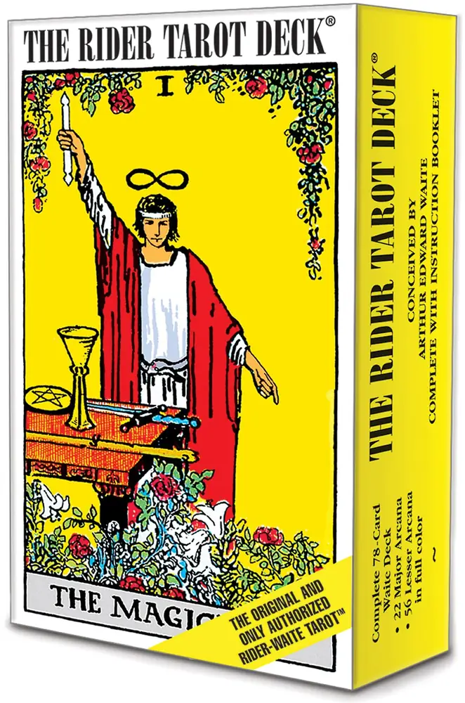 Yellow Rider Tarot Deck box with the Magician card
