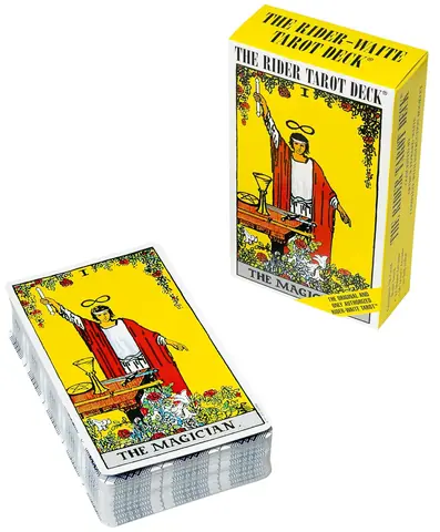 Rider Tarot box standing beside a stack of cards