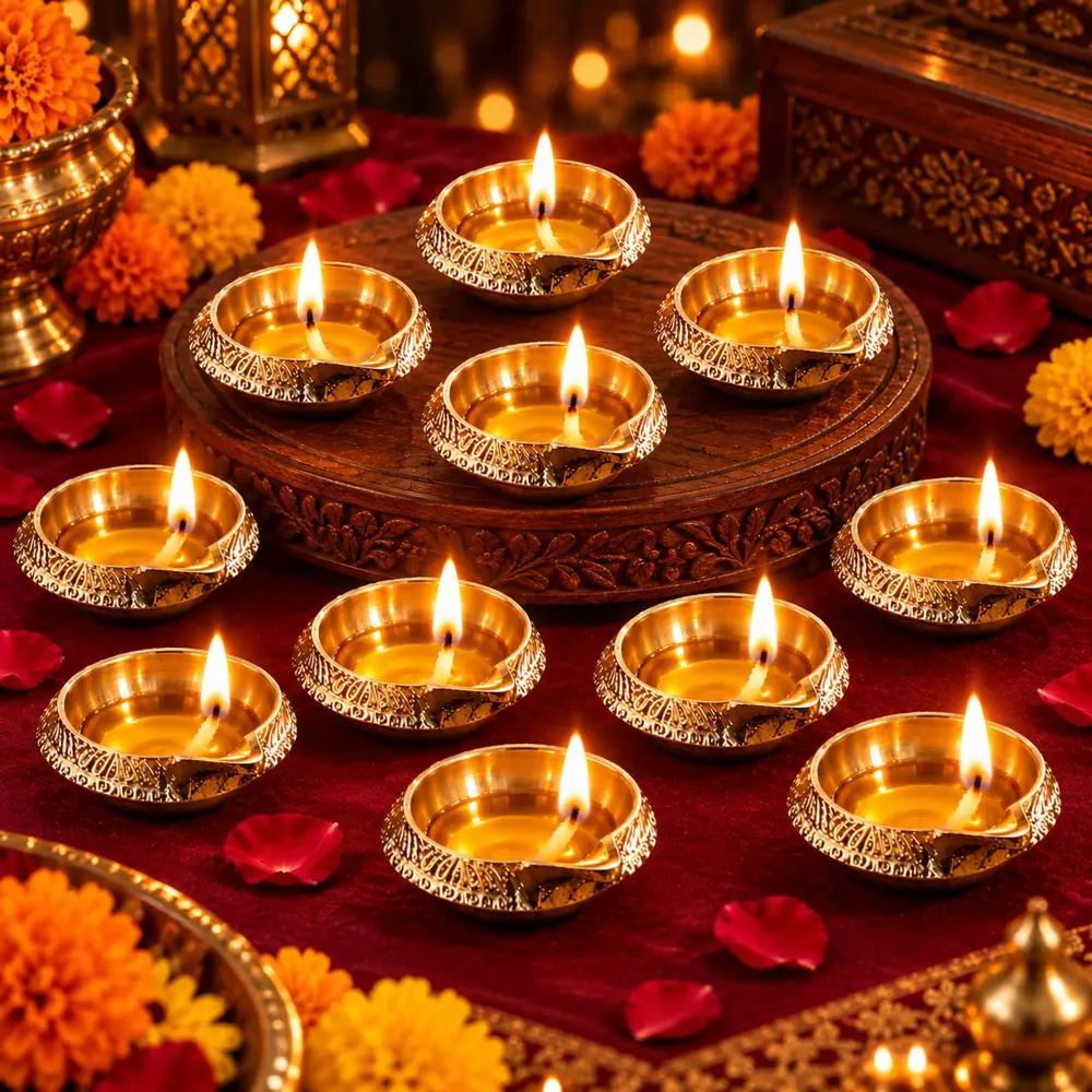 Lit brass diyas on a red cloth with marigold flowers