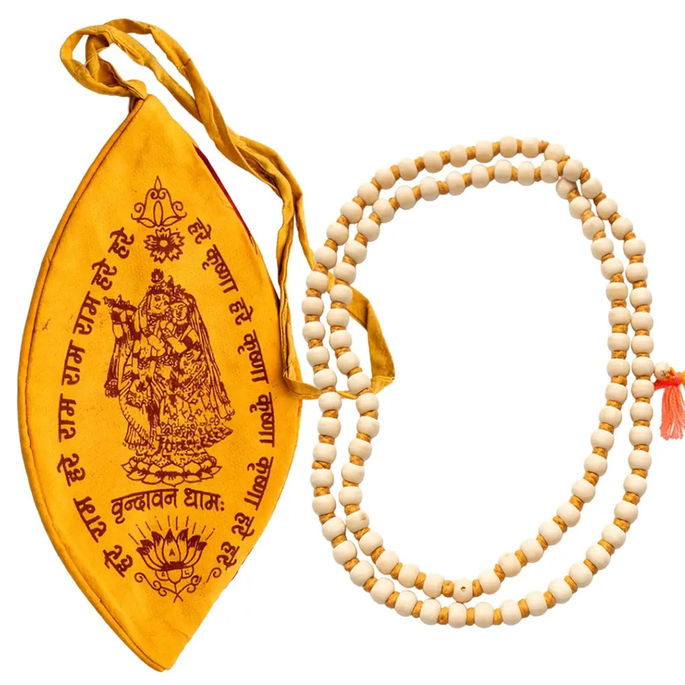 The tulsi mala beside the yellow gomukhi bag