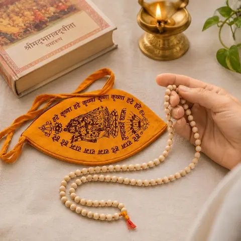 The mala and bag with a book and lamp