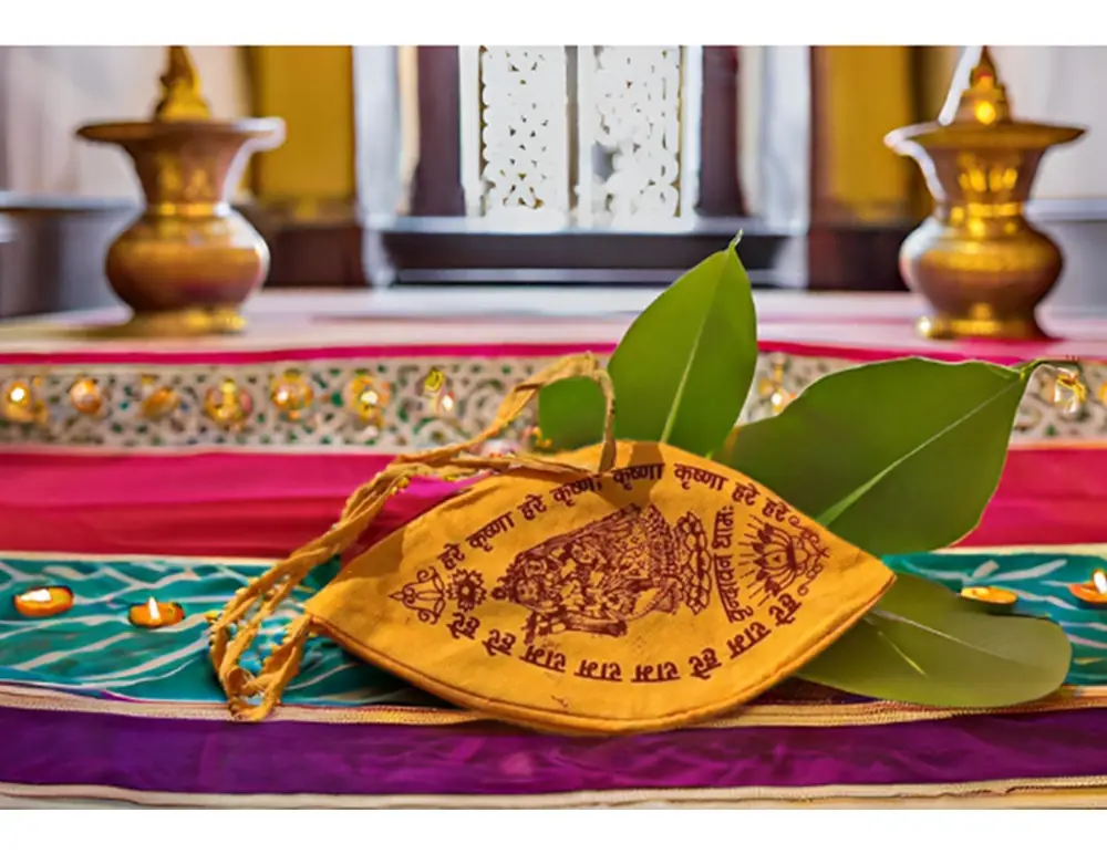 The bag on a cloth with flowers and brass lamps