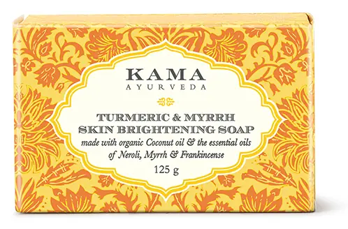 Yellow and orange box of Kama turmeric and myrrh soap
