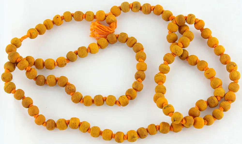 Turmeric mala of 108 yellow-orange beads laid in loops