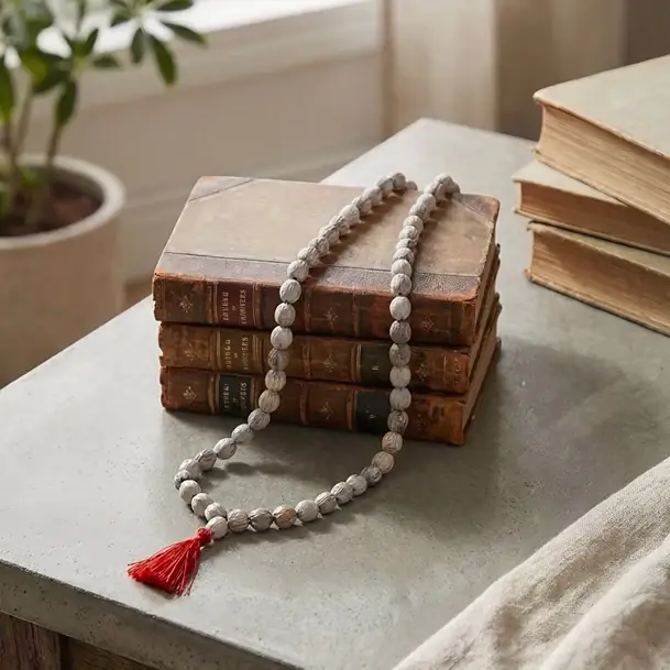 Vaijayanti mala with a red tassel resting on a table beside old books