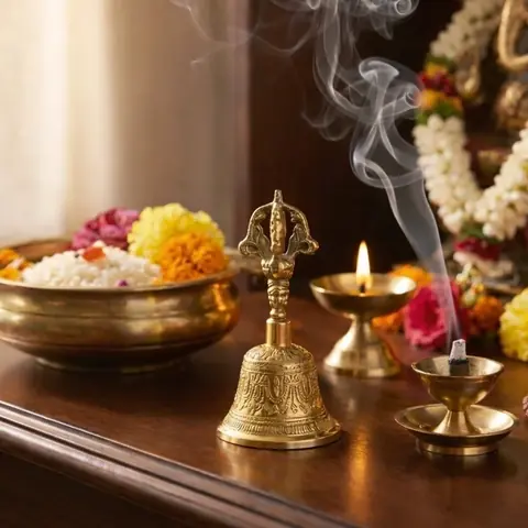 Bell on a shrine shelf with lamps, flowers and smoke from incense