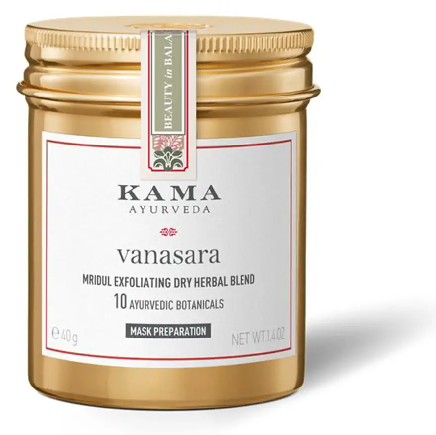 Jar of Vanasara Mridul face mask powder with a gold lid