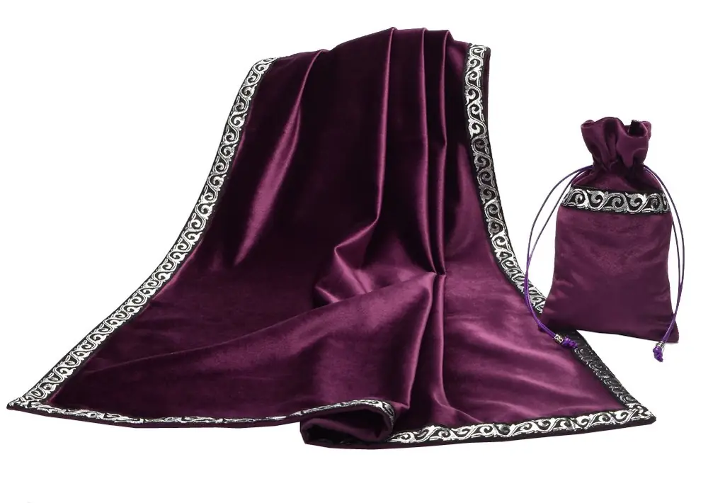 Purple velvet cloth with silver border and pouch