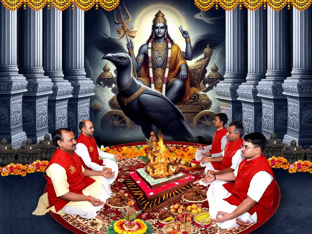Illustration of the deity with priests at a puja, not a photograph