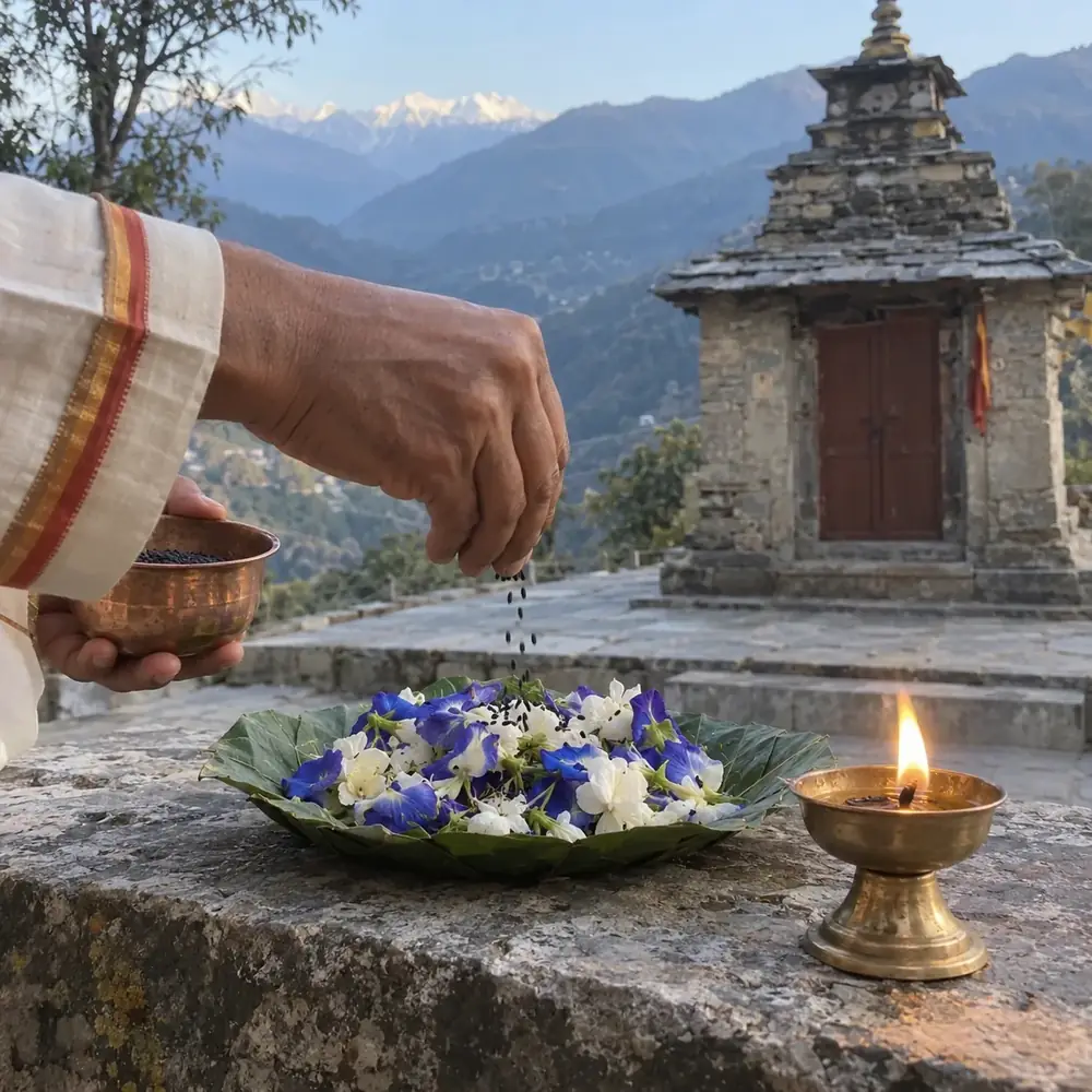 Hand placing an offering over blue flowers and a lamp on a stone ledge, with a small stone temple and mountains behind